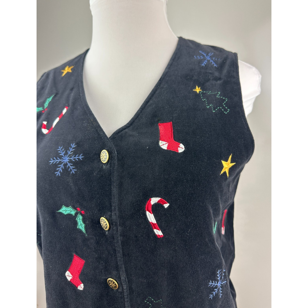 Talbots Christmas Themed Black Velvet Lined Button Up Vest Holiday Print Large - Picture 5 of 14